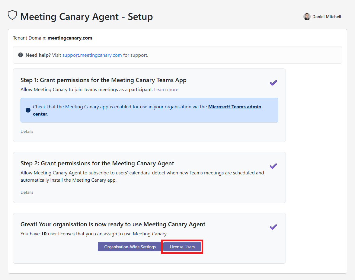 Meeting Canary Pro Setup complete page