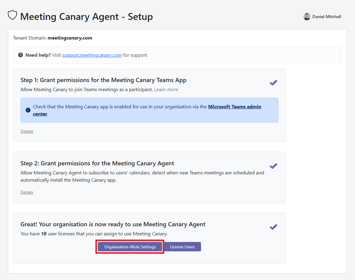 Meeting Canary Pro Setup complete page