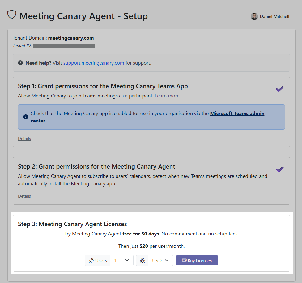 Meeting Canary Pro Setup payment