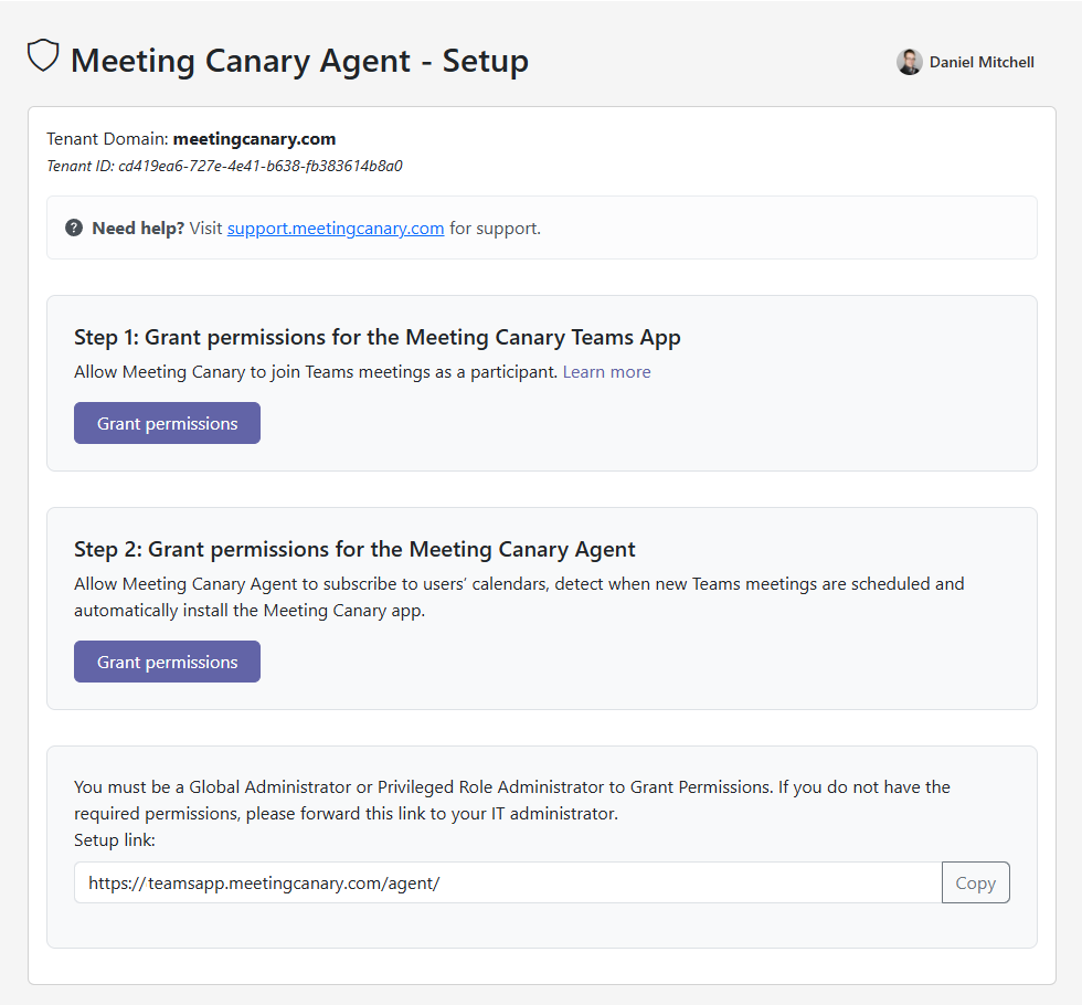 Meeting Canary Pro Setup page