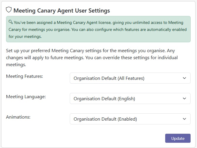 Meeting Canary Pro User Settings